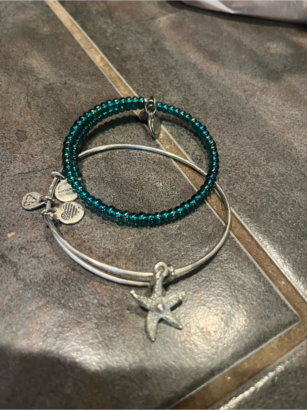 Alex and Ani Silver Starfish Bangle with Teal Beaded Bracelet